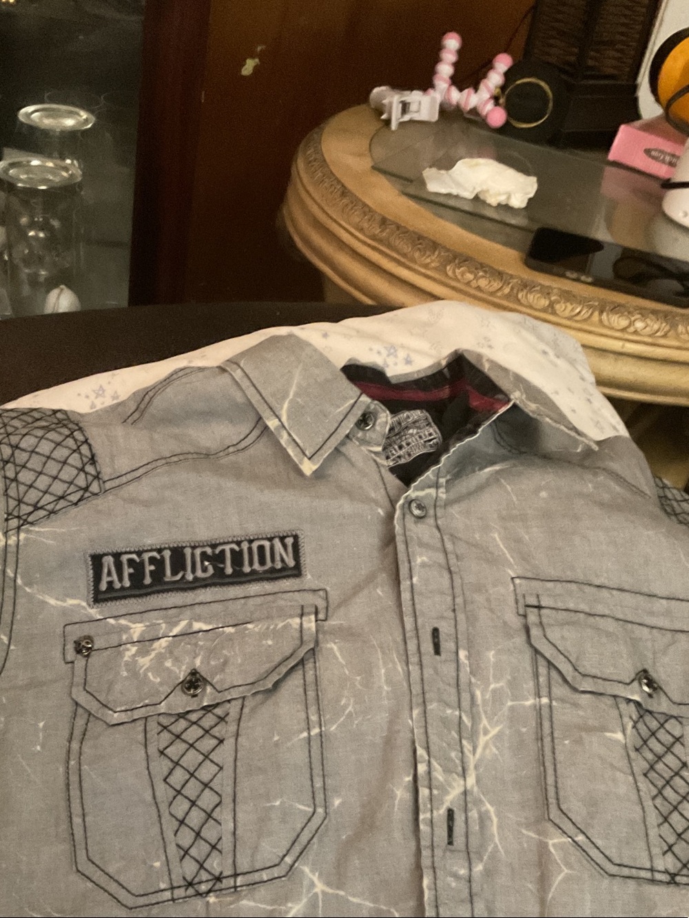 Affliction Men’s Light Gray Button-Front Shirt Jacket with Patch Detail